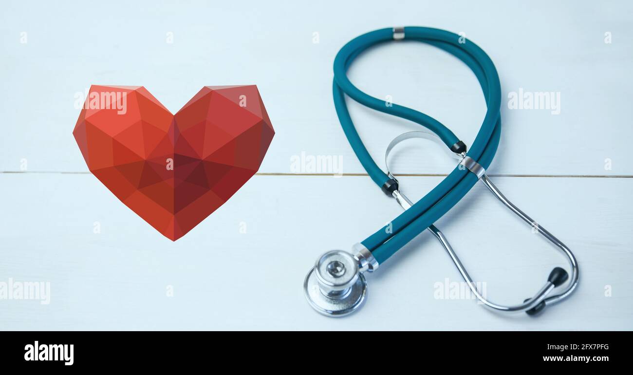 Composition of red heart and stethoscope with copy space on white ...