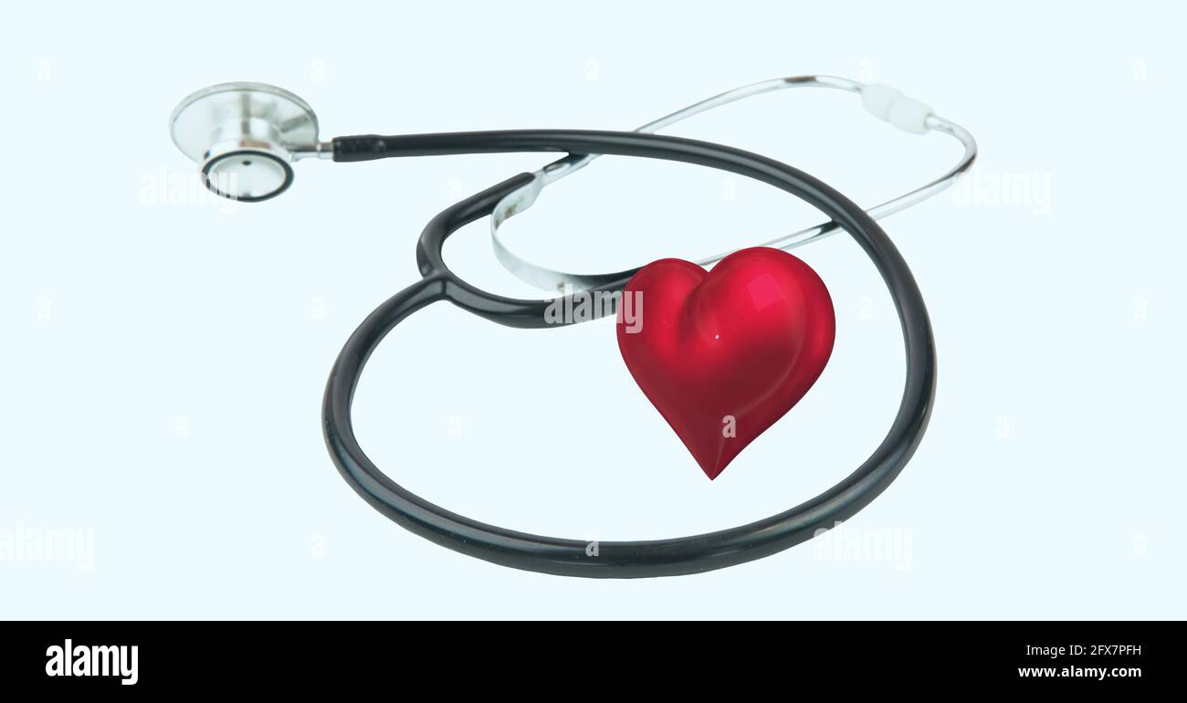 Composition of red heart and stethoscope with copy space on white ...