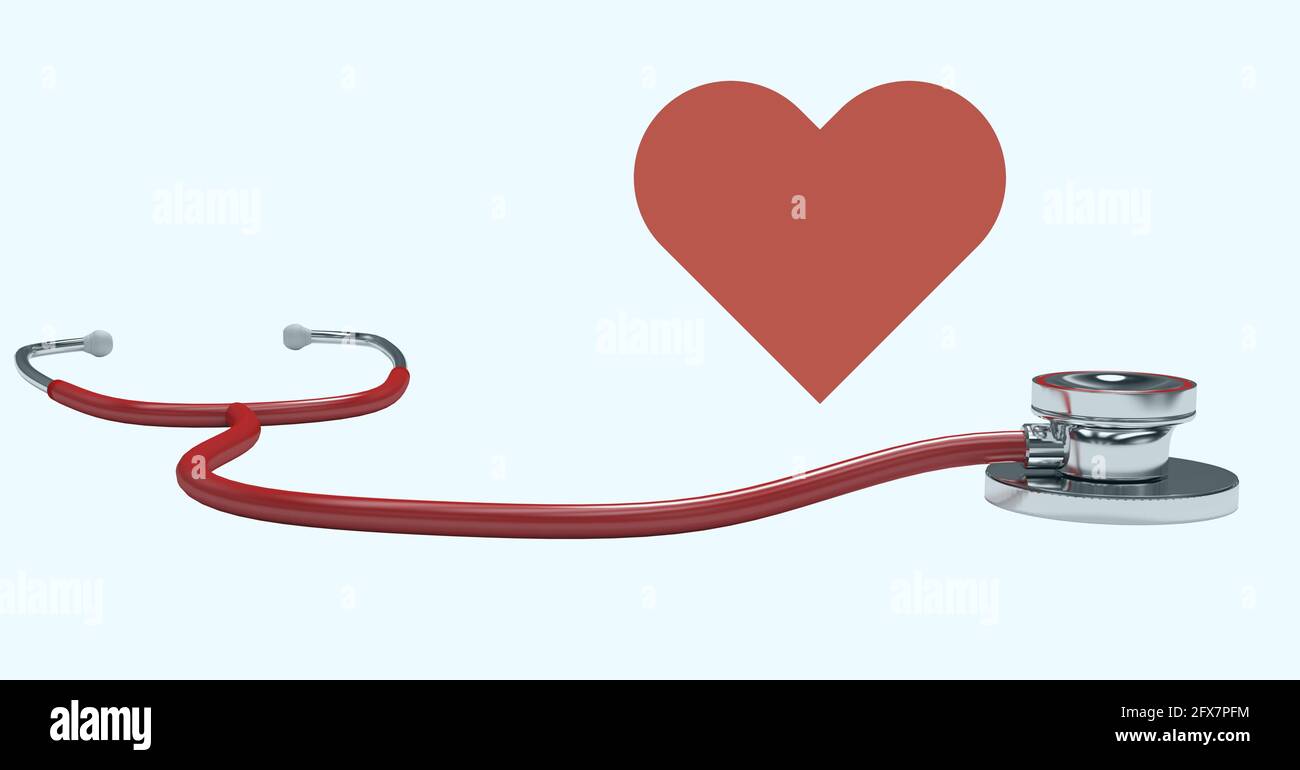 Composition of red heart and stethoscope with copy space on white ...