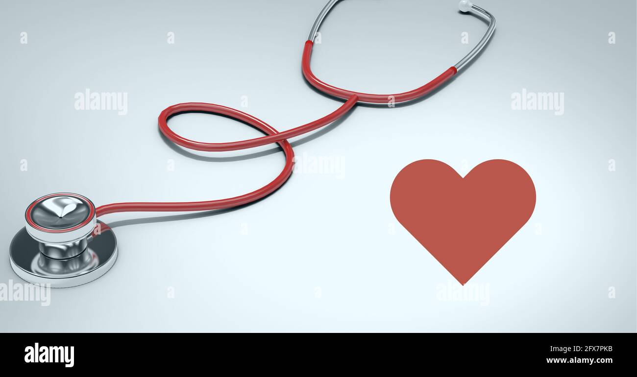 Composition of red heart and stethoscope with copy space on white ...