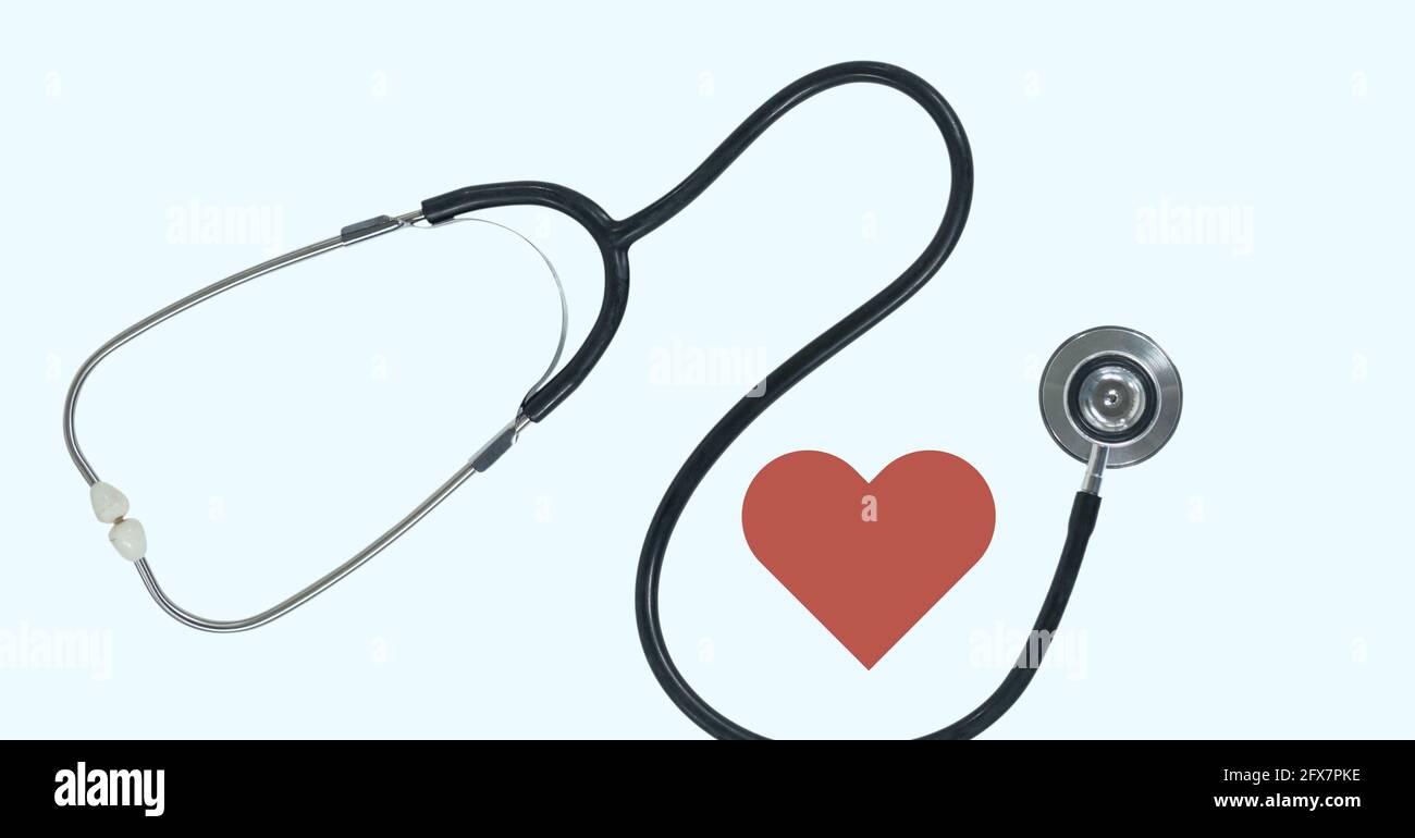 Composition of red heart and stethoscope with copy space on white ...