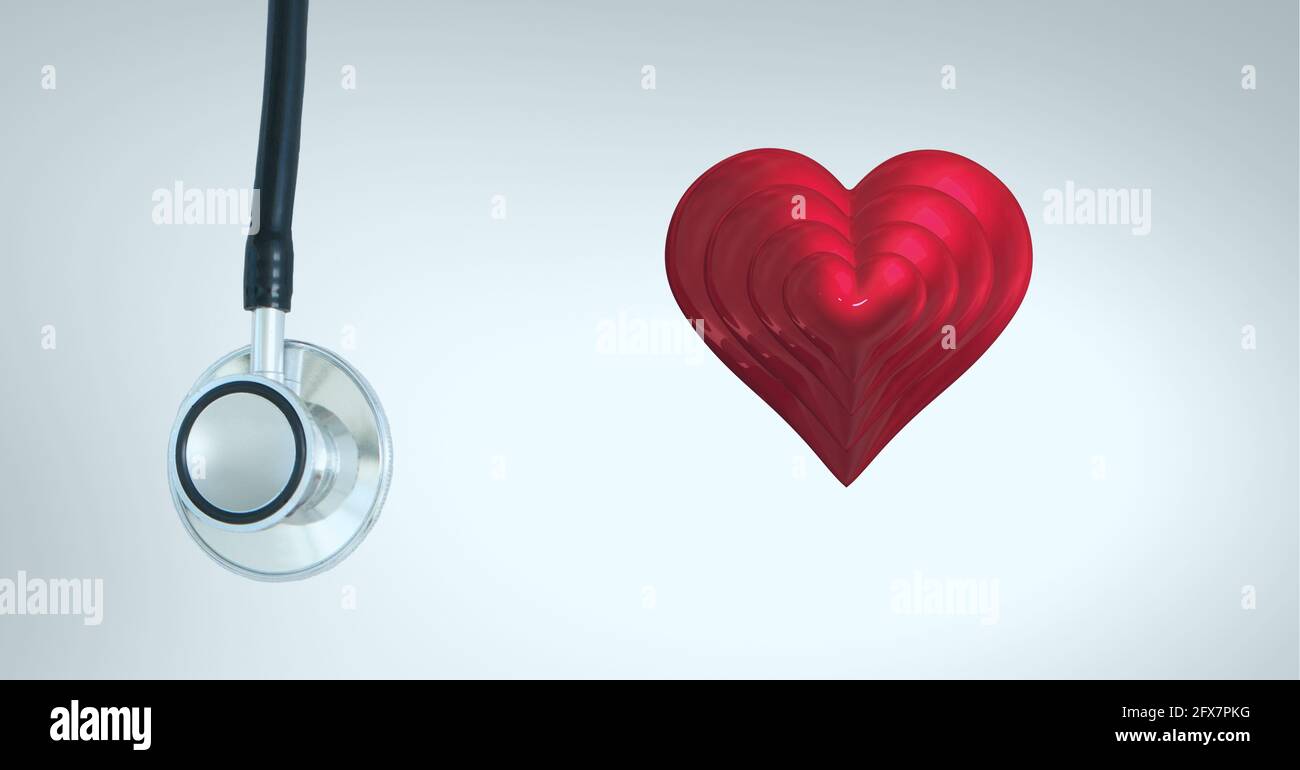 Composition of red heart and stethoscope with copy space on white ...