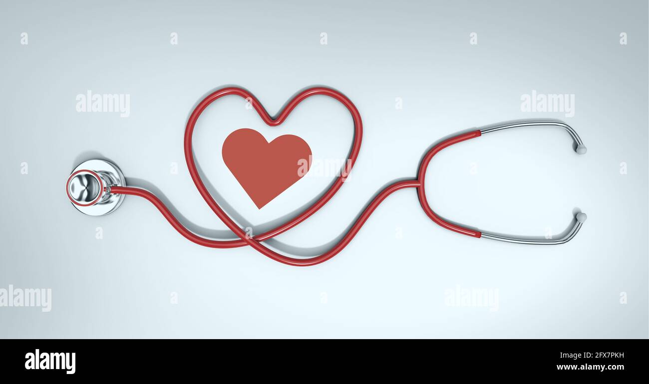 Composition of red heart and stethoscope with copy space on white ...