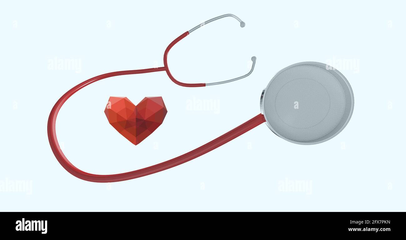 Composition of red heart and stethoscope with copy space on white ...