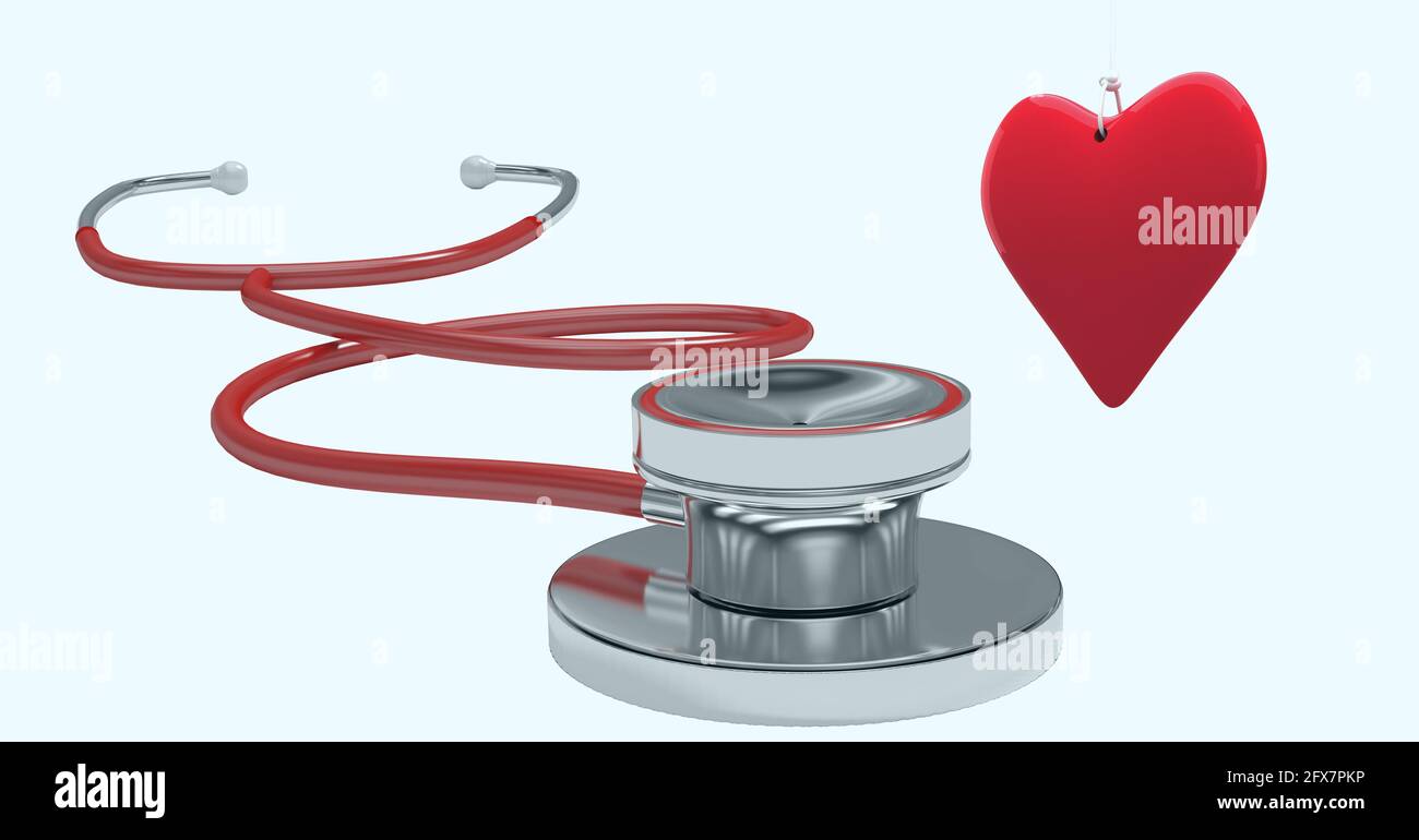 Composition of red heart and stethoscope with copy space on white ...