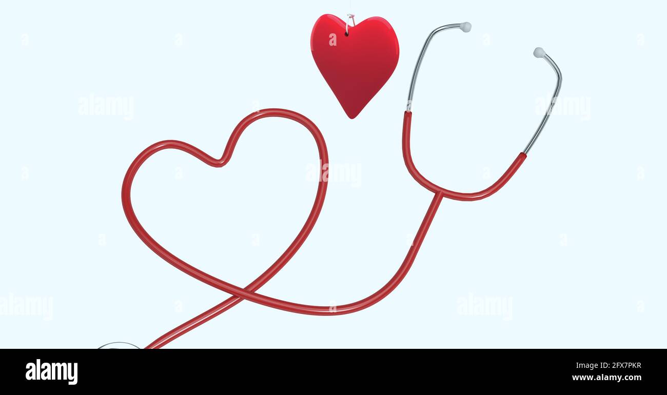 Composition of red heart and stethoscope with copy space on white ...