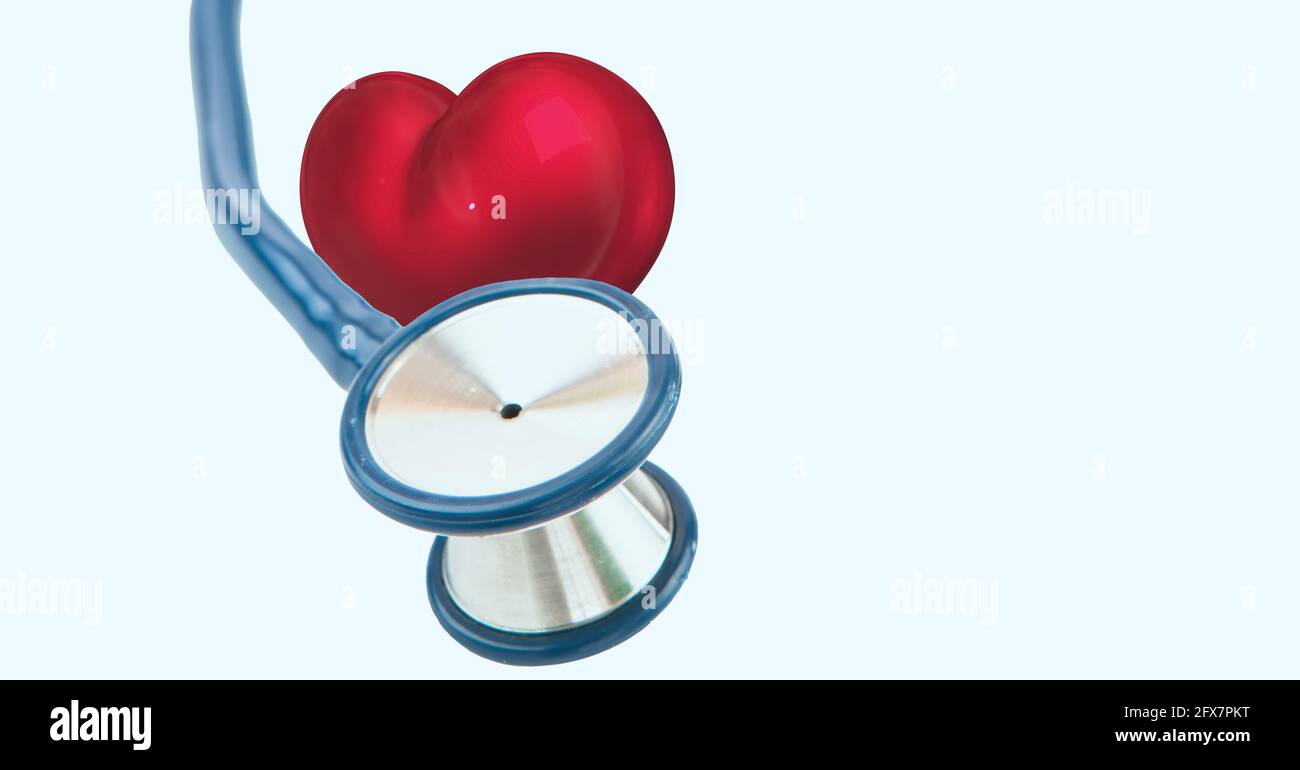 Composition of red heart and stethoscope with copy space on white ...