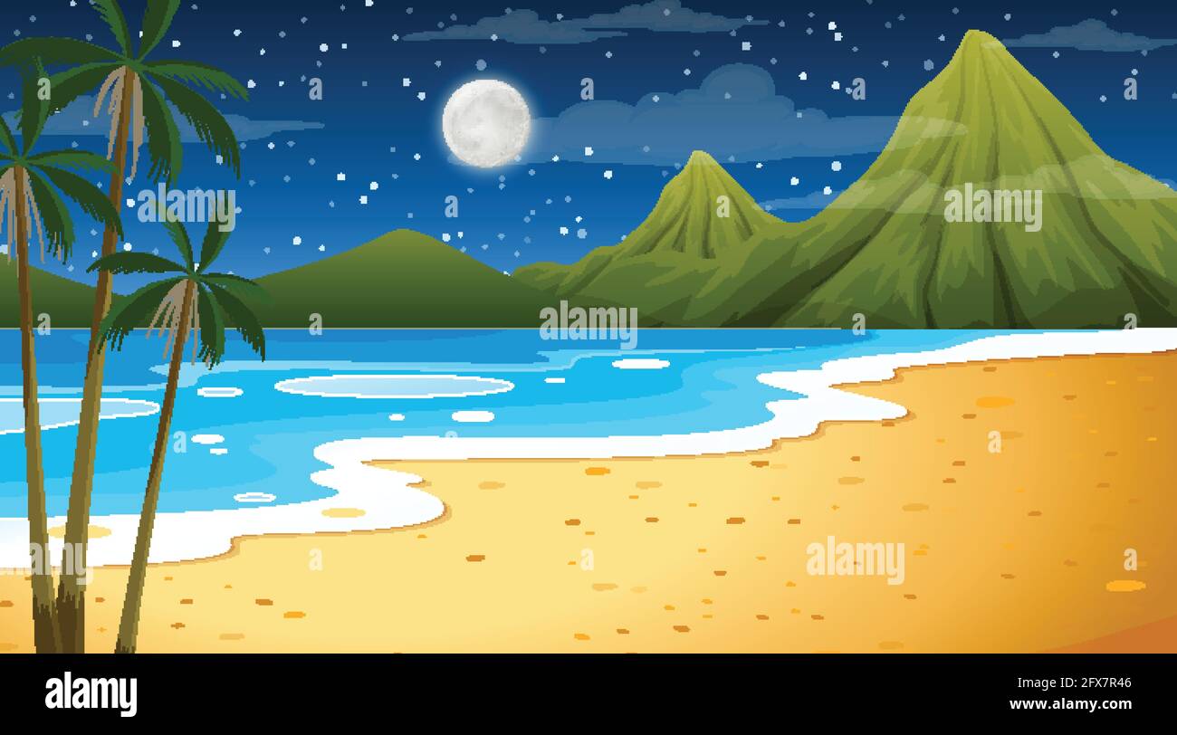 Beach at night time landscape scene with palm tree illustration Stock ...