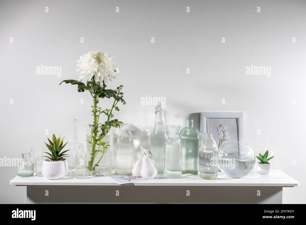 white chrysanthemum in a glass vase with bottles of different shapes with water is on the chest of drawers. Copy space Stock Photo