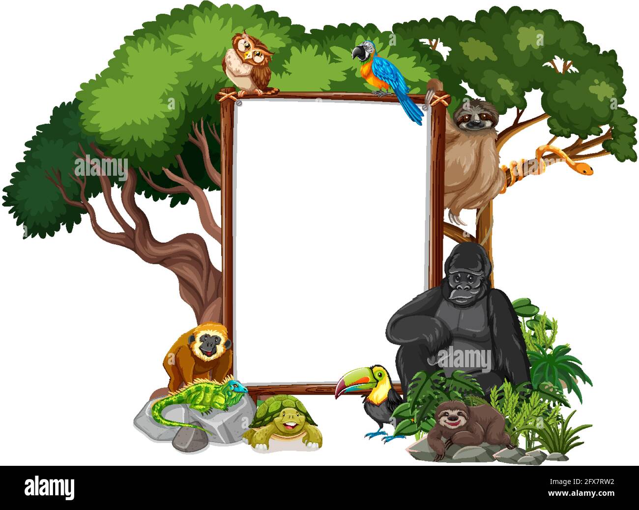 Empty banner with wild animals and rainforest trees on white background ...