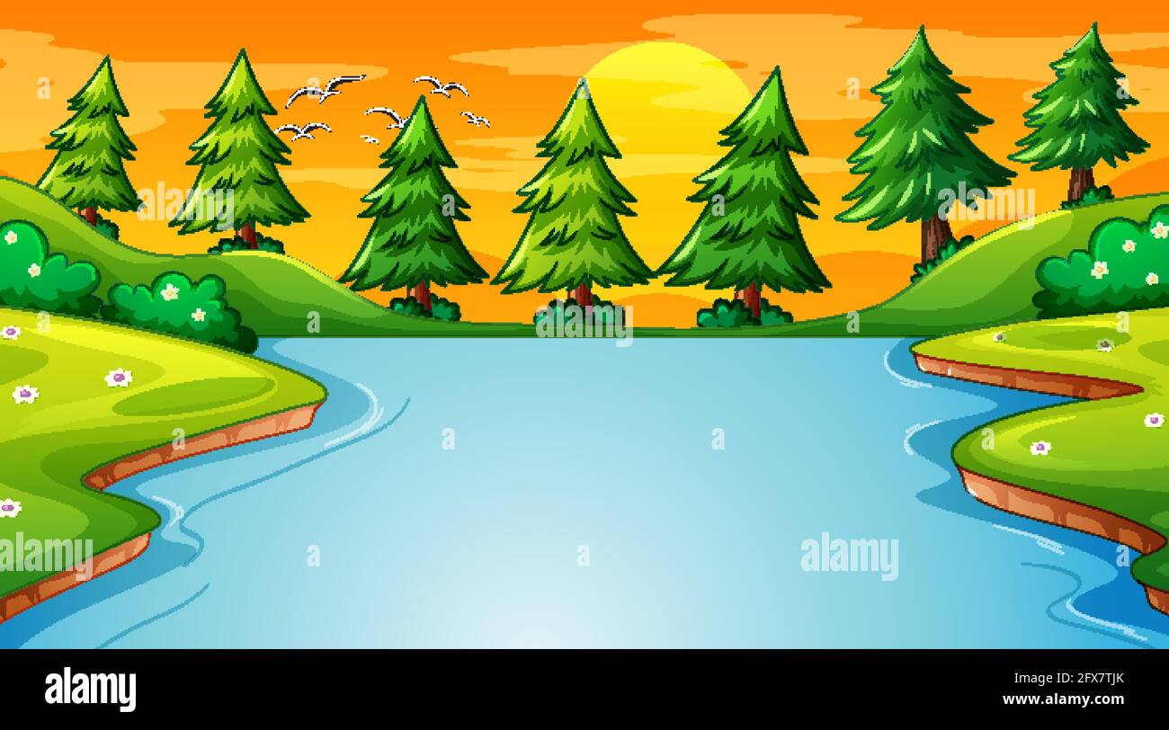 Landscape scene of forest with river and many trees illustration Stock ...
