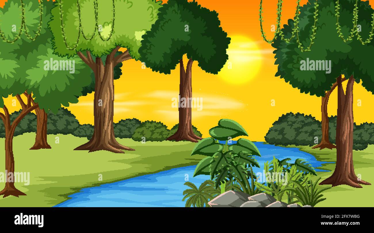 Landscape scene of river through the forest illustration Stock Vector ...
