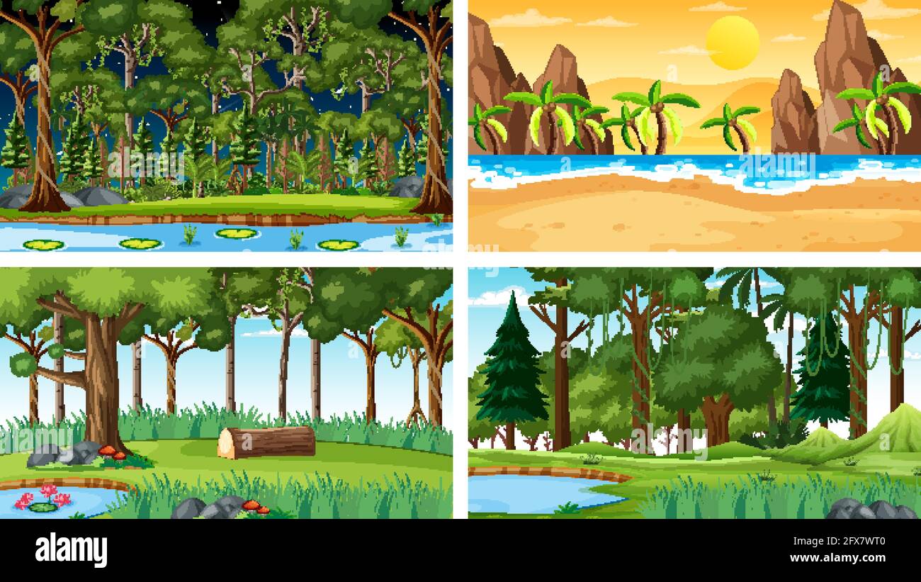 Four different nature horizontal scenes illustration Stock Vector