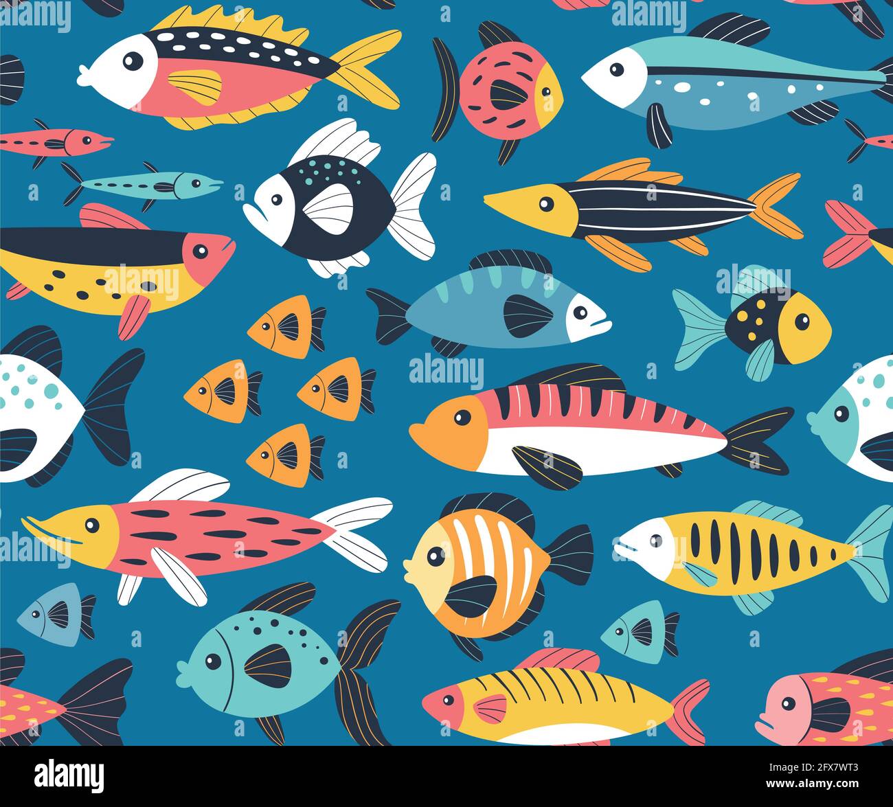 Swimming fishes seamless pattern. Sealife concept. Colorful hand drawn vector illustration on blue background. Stock Vector
