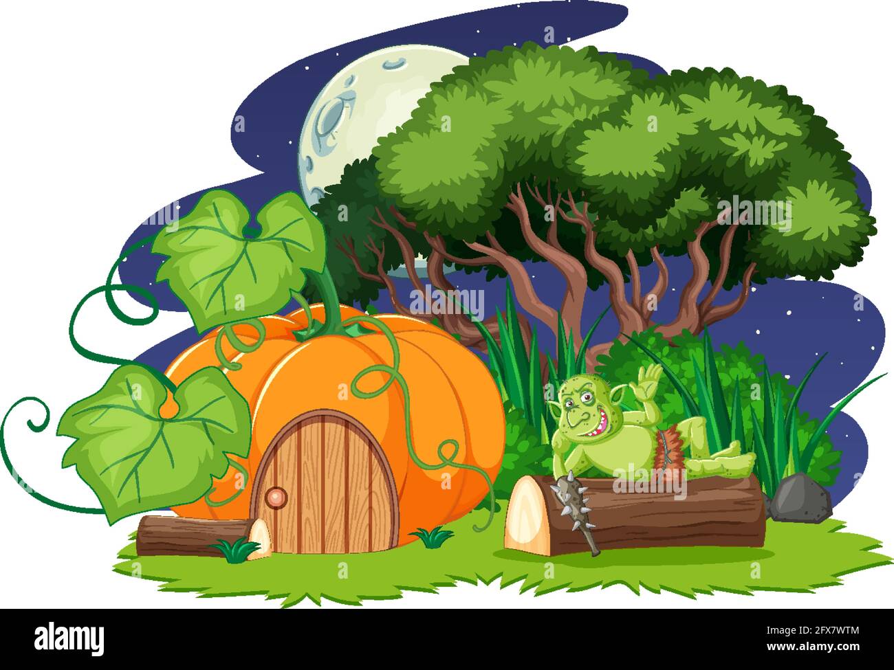 Night scene with goblin or troll cartoon character and pumpkin house illustration Stock Vector