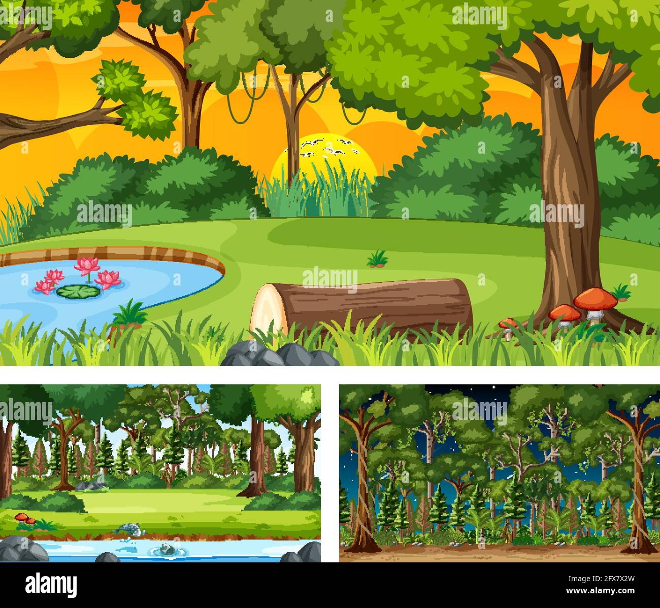 Set of different forest horizontal scenes illustration Stock Vector