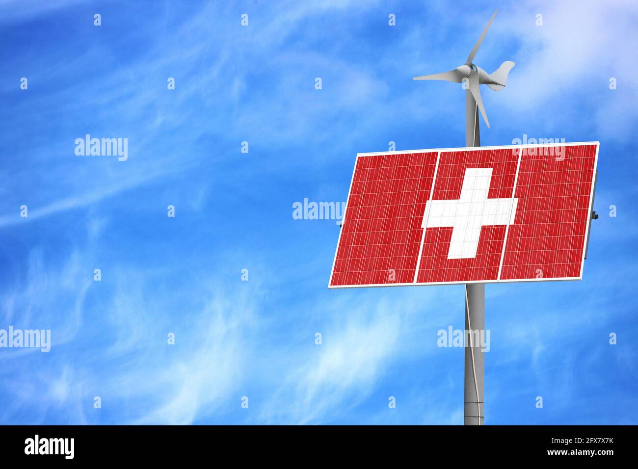 Solar panels against a blue sky with a picture of the flag of Switzerland  Stock Photo - Alamy