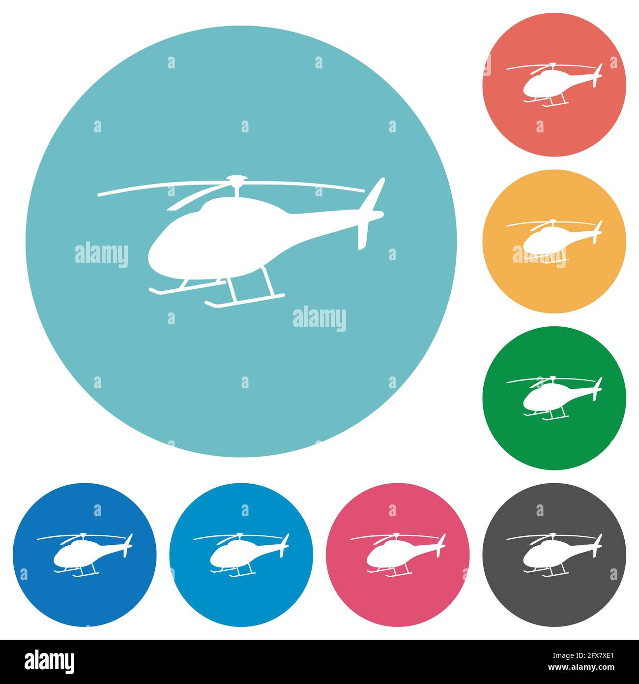 Helicopter silhouette flat white icons on round color backgrounds Stock Vector