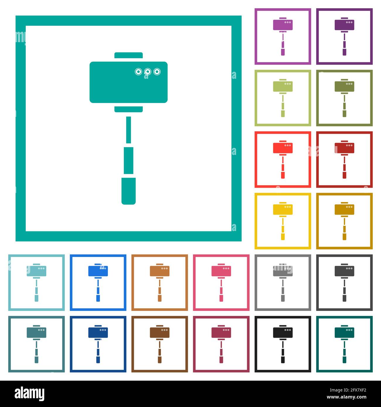 Smartphone on selfie stick back view flat color icons with quadrant ...
