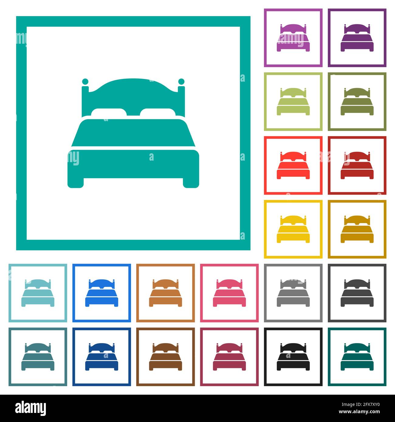 Double bed flat color icons with quadrant frames on white background Stock Vector