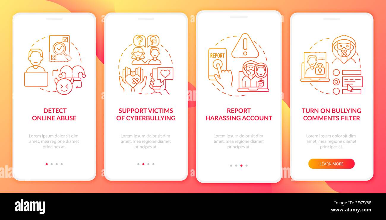 Cyberharassment prevention onboarding mobile app page screen with ...