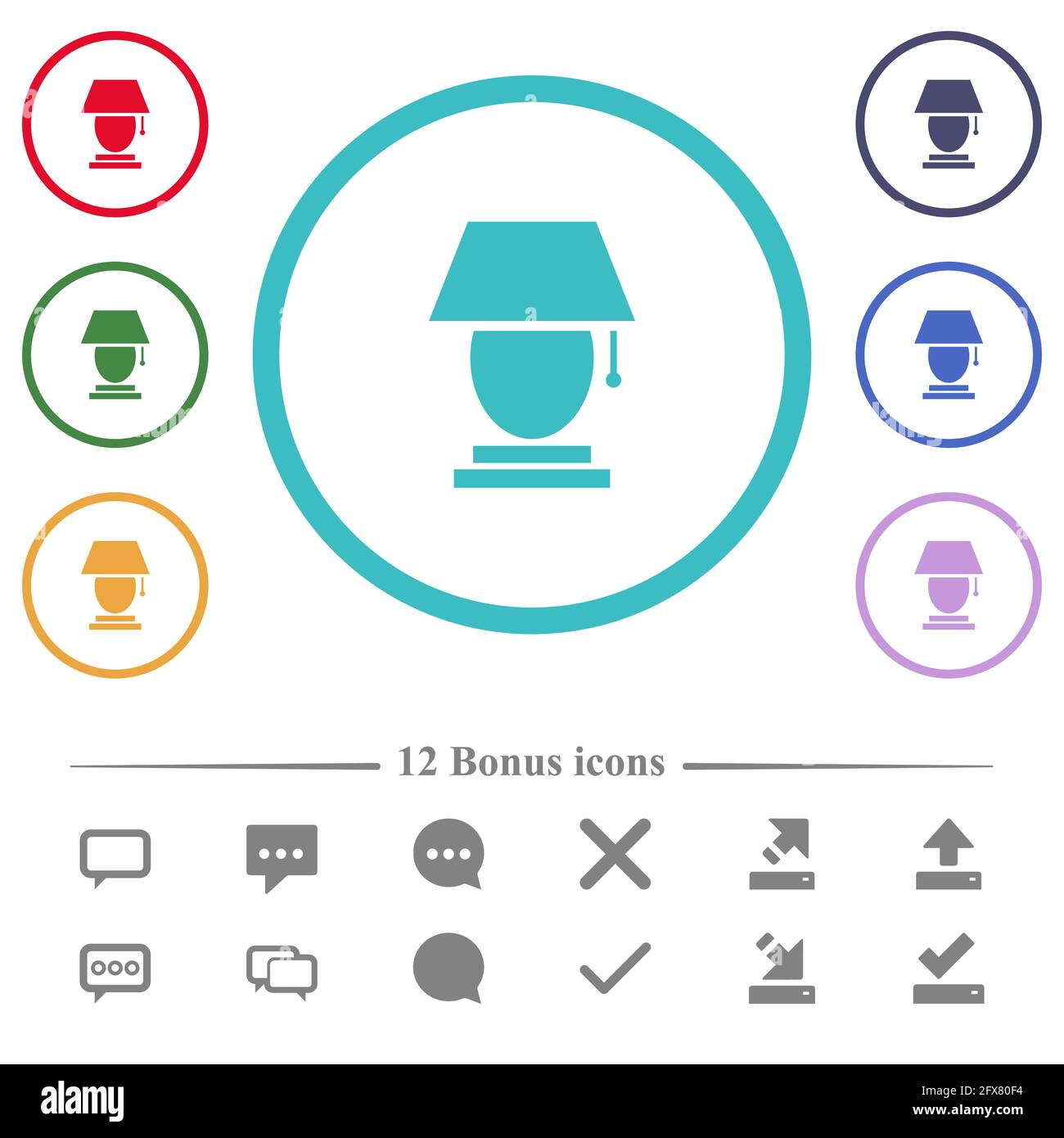 Table lamp flat color icons in circle shape outlines. 12 bonus icons ...