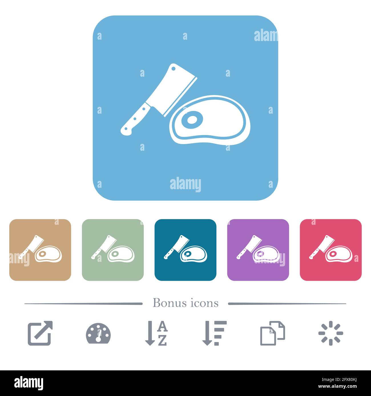 Meat cleaver knife and steak white flat icons on color rounded square ...
