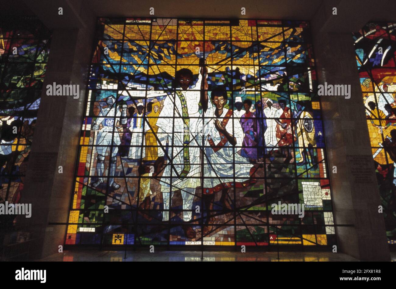 Visit of Queen Juliana, Princes Bernhard and Claus and Princess Beatrix to Ethiopia. A stained glass window in Africa Hall in Addis Ababa, January 31, 1969, stained glass, state visits, The Netherlands, 20th century press agency photo, news to remember, documentary, historic photography 1945-1990, visual stories, human history of the Twentieth Century, capturing moments in time Stock Photo