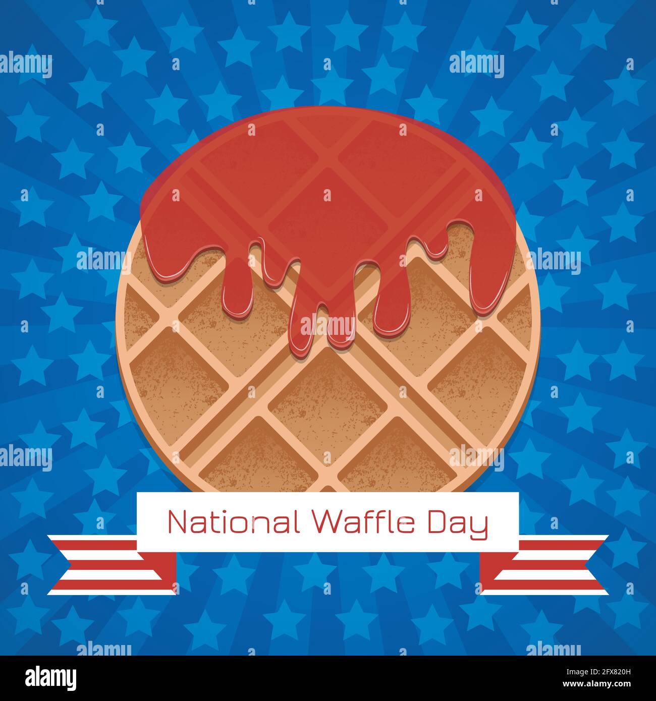 National Waffle Day. 24 August. The concept of a food festival in the United States. Waffles in the jam. Tape with text. Blue background - stars and r Stock Vector