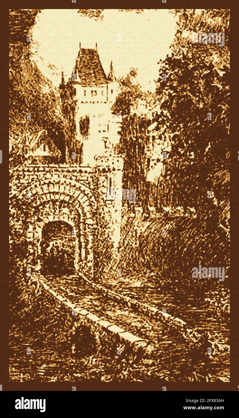 An old (1900) illustration showing the entrance and gateway to Altenburg / Altenberg Castle in the village of Altenburg bei Brugg in the municipality of Brugg, Aargau,Switzerland. It incorporated Roman buildings  and as such is a Swiss heritage site of national significance. the Gothic tower house topped with crow-stepped gables was added in the 16th century Stock Photo