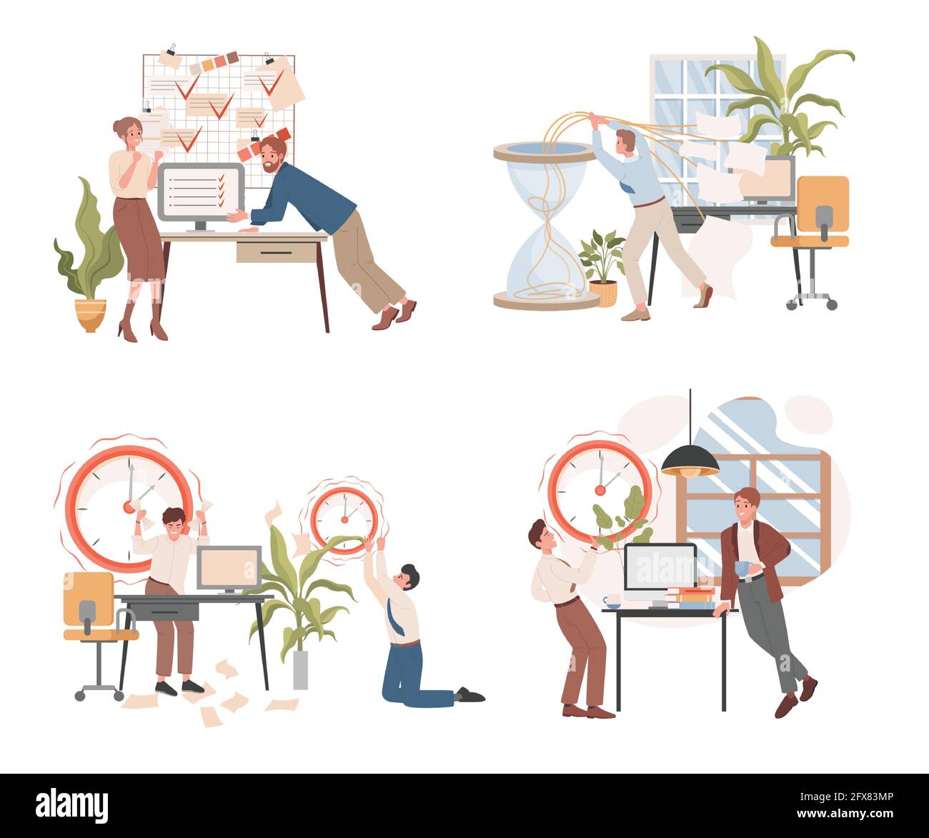 Deadline and workflow organization vector flat illustration. People ...