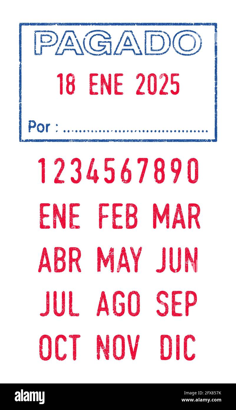 Vector illustration of the Spanish words Pagado (Paid) and Por (By) in blue ink stamp and editable dates (day, month and year) in red ink stamps Stock Vector