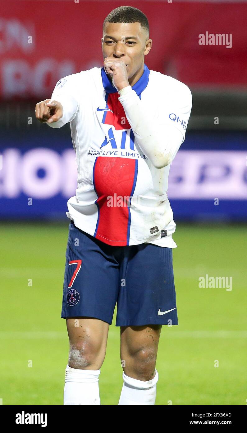 Kylian Mbappe of PSG celebrates his goal during the French championship  Ligue 1 football match between Stade Brestois 29 and Paris Saint-Germain ( PSG) on May 23, 2021 at Stade Francis Le Ble