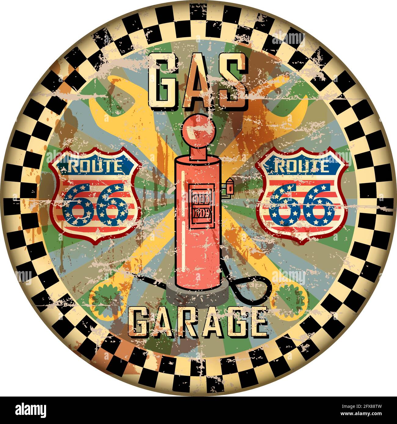 Vintage route 66 garage workshop and gas station sign, grungy and weathered style, vector illustration Stock Vector
