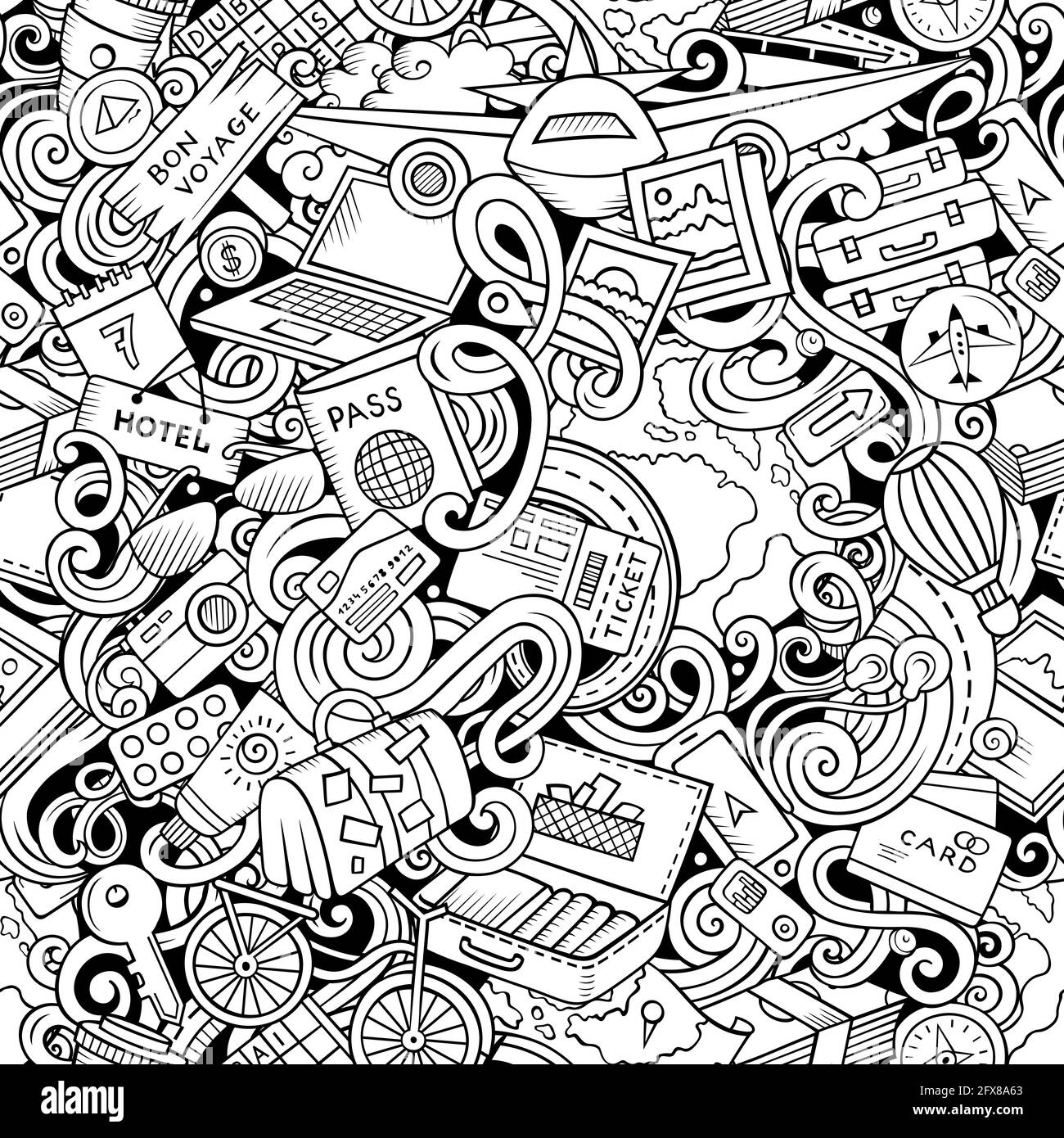 Traveling hand drawn doodles seamless pattern Stock Vector Image & Art ...