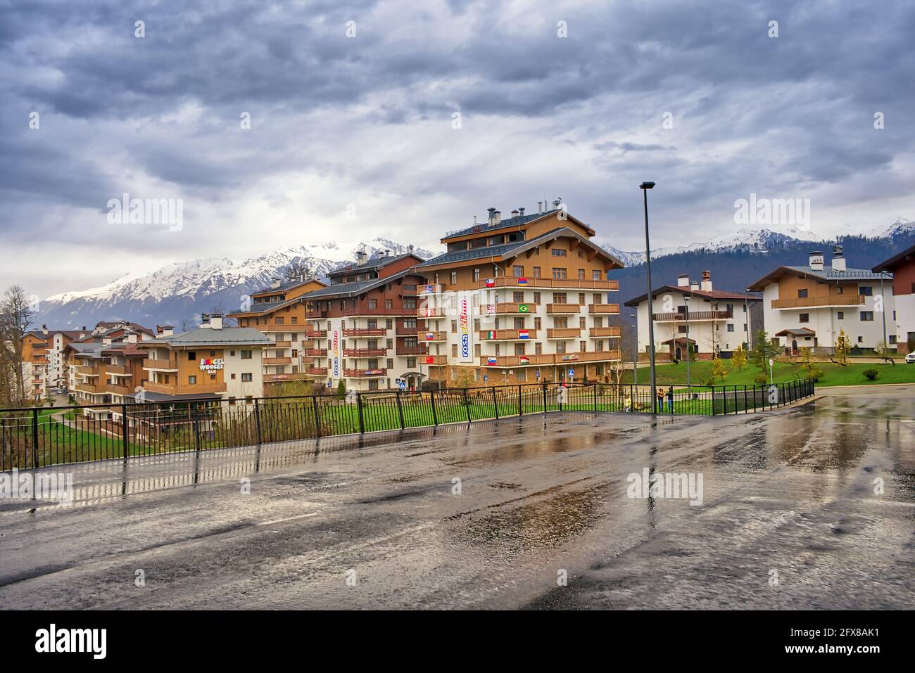 Russia Sochi. Krasnaya Polyana Rosa Khutor. Olympic Village in the mountains. A place of rest for athletes of the 2014 Olympic Games. Now a tourist de Stock Photo