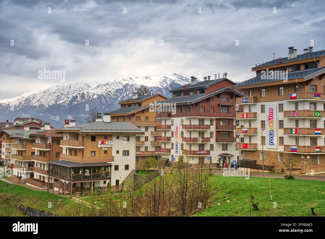 Russia Sochi. Krasnaya Polyana Rosa Khutor. Olympic Village in the mountains. A place of rest for athletes of the 2014 Olympic Games. Now a tourist de Stock Photo