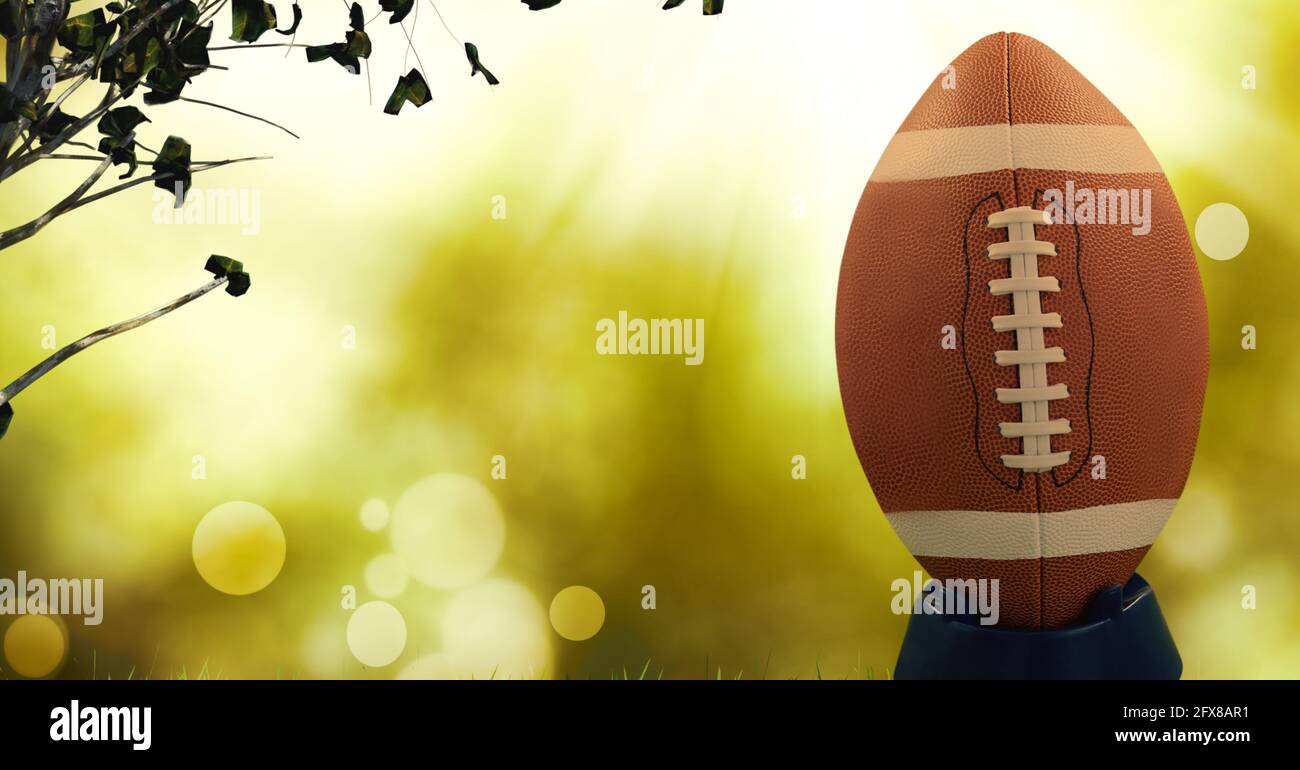 Composition of rugby ball on pitch with copy space with spots of light on  green background Stock Photo - Alamy