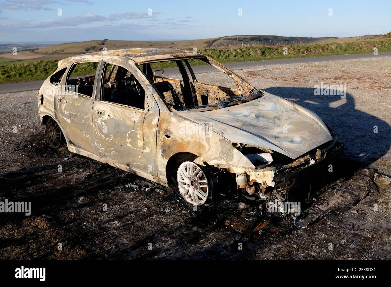 Ford Focus. burnt burn out, St Boniface Down, Vemtnor, Isle of Wight, England, UK, Stock Photo