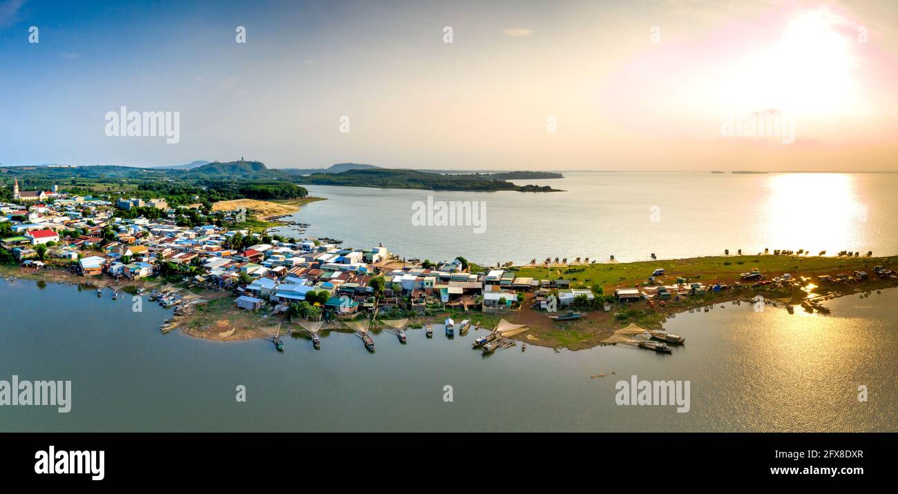 Ben Nom fishing village, Phu Cuong commune, Dinh Quan district, Dong Nai province, Vietnam - April 18, 2021: Panoramic view of Ben Nom fishing village Stock Photo