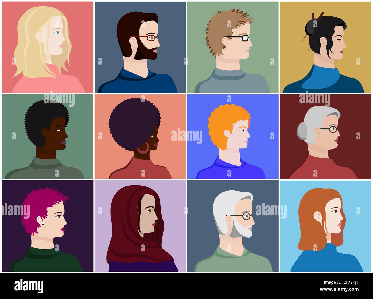 A set of people's faces in profile: men, women, young and elderly of different races and nations. Diversity. Avatars. Vector flat Illustration.. Stock Vector