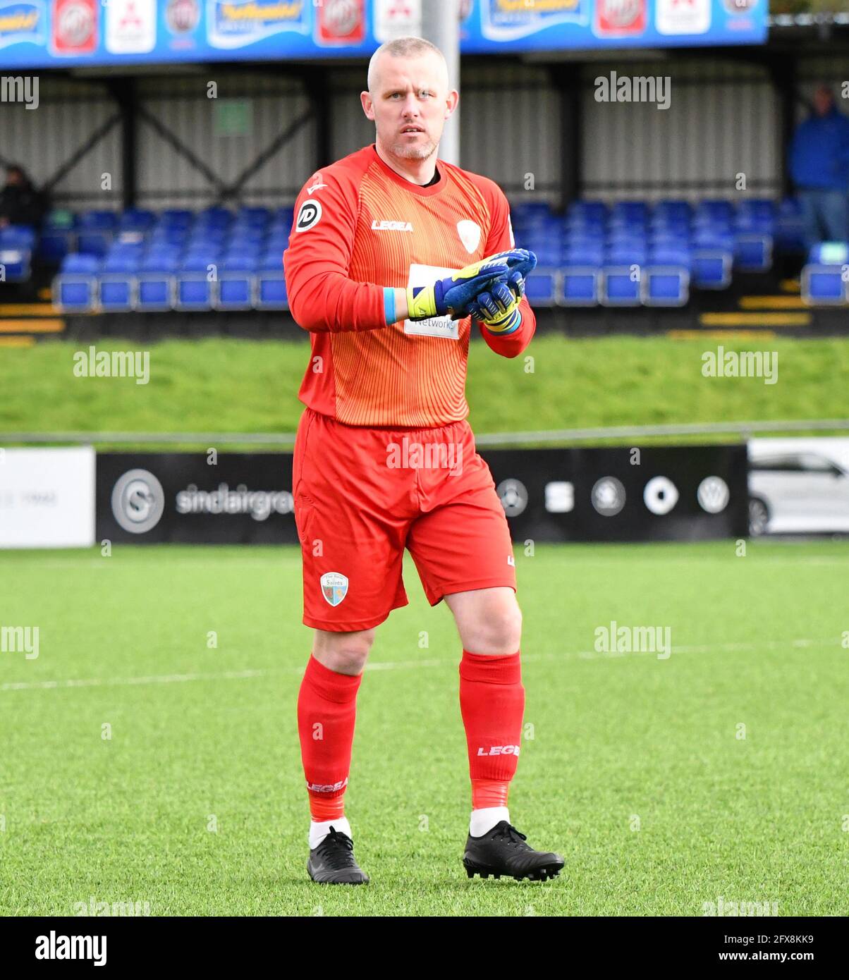 Bridgend, Wales. 10 October, 2020. Goalkeeper Paul Harrison of The New Saints during the JD Cymru Premier match between Penybont and The New Saints at the SDM Glass Stadium in Bridgend, Wales, UK on 10, October 2020. Sporting stadiums around the UK remain under strict restrictions due to the Coronavirus Pandemic as Government social distancing laws prohibit fans inside venues resulting in games being played behind closed doors. Credit: Duncan Thomas/Majestic Media. Stock Photo