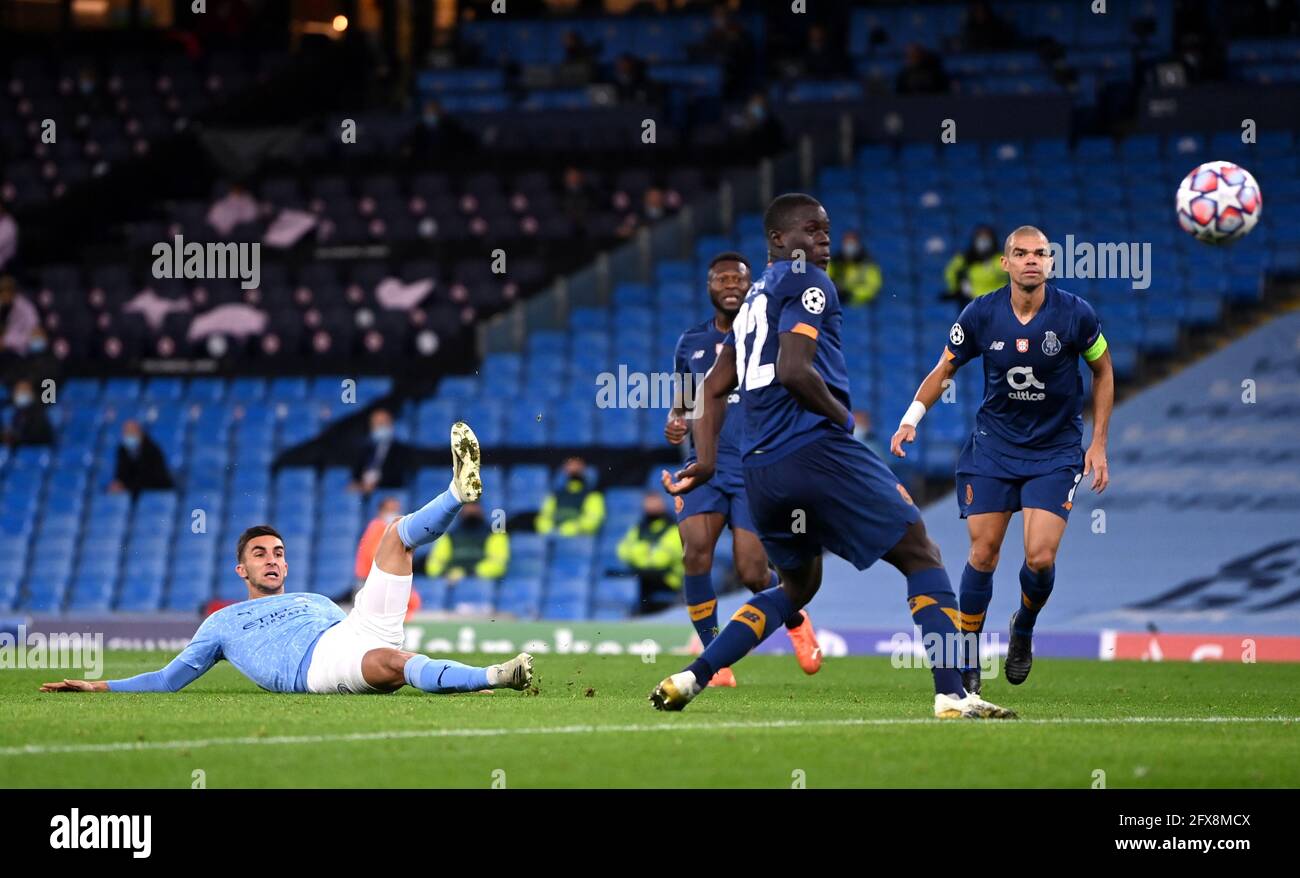 File photo dated 21-10-2020 of Manchester City's Ferran Torres (left) scores his side's third goal of the game during the UEFA Champions League Group C match at the Etihad Stadium, Manchester. Issue date: Wednesday May 26, 2021. Stock Photo