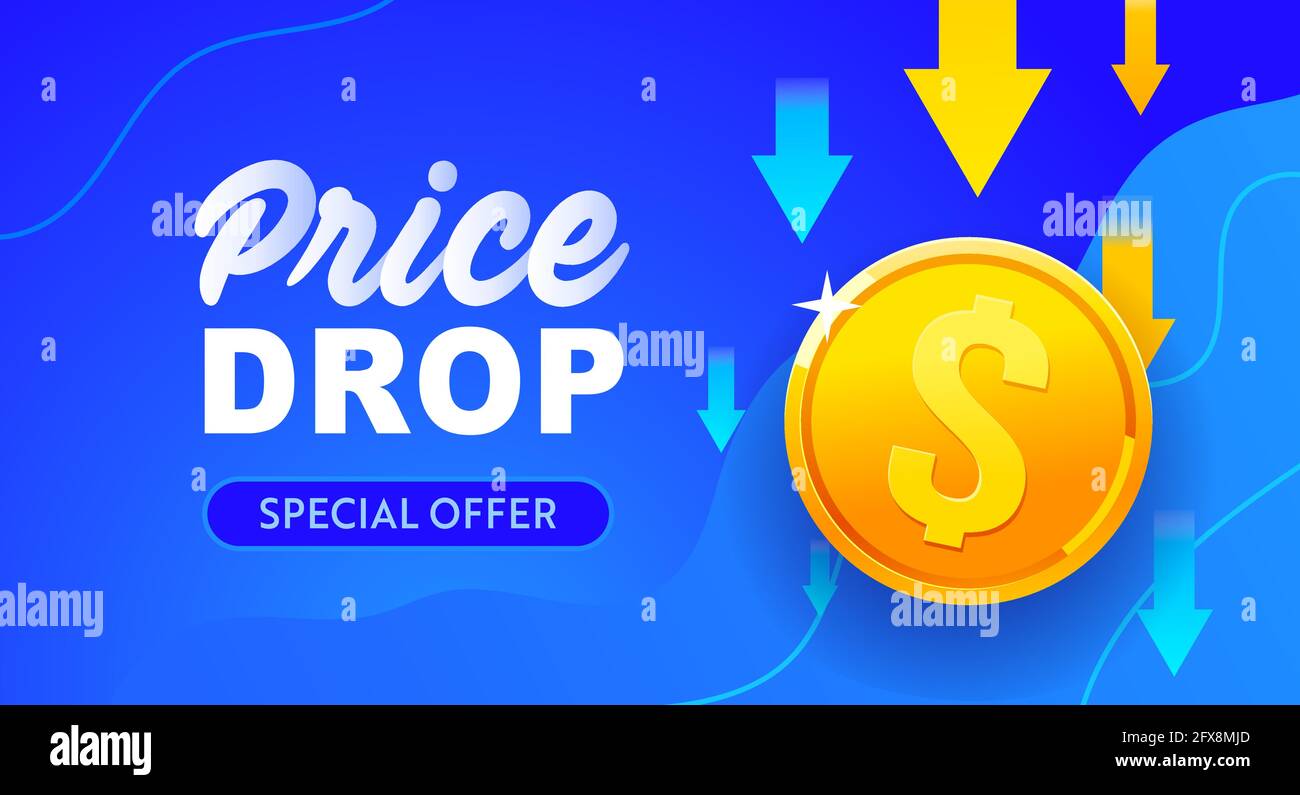 Price drop banner design. Low price poster, cheap vector template. Price drop falling prices and Business downturn, financial debt, banner sale Stock Vector