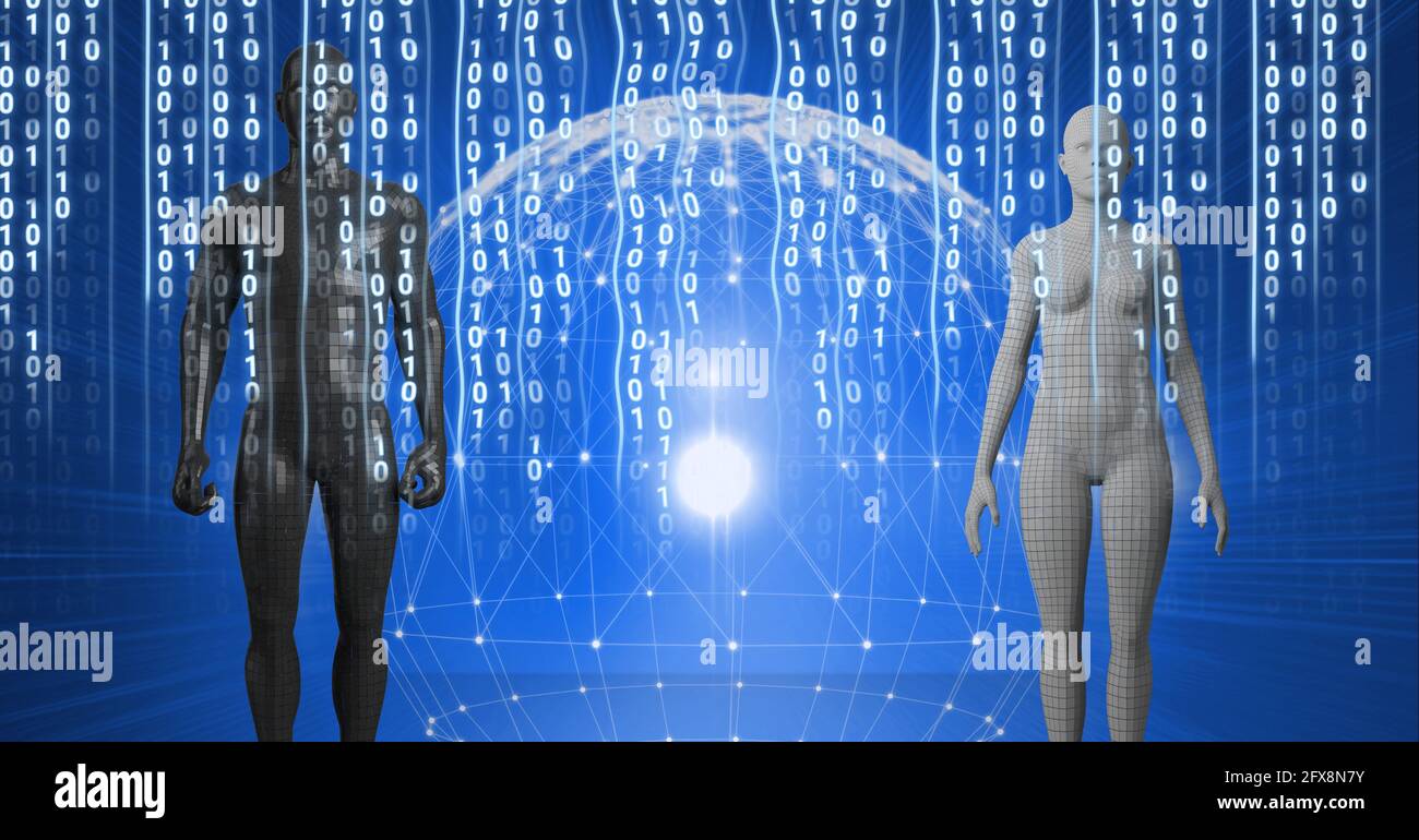 Composition of binary coding processing over human bodies and globe Stock Photo