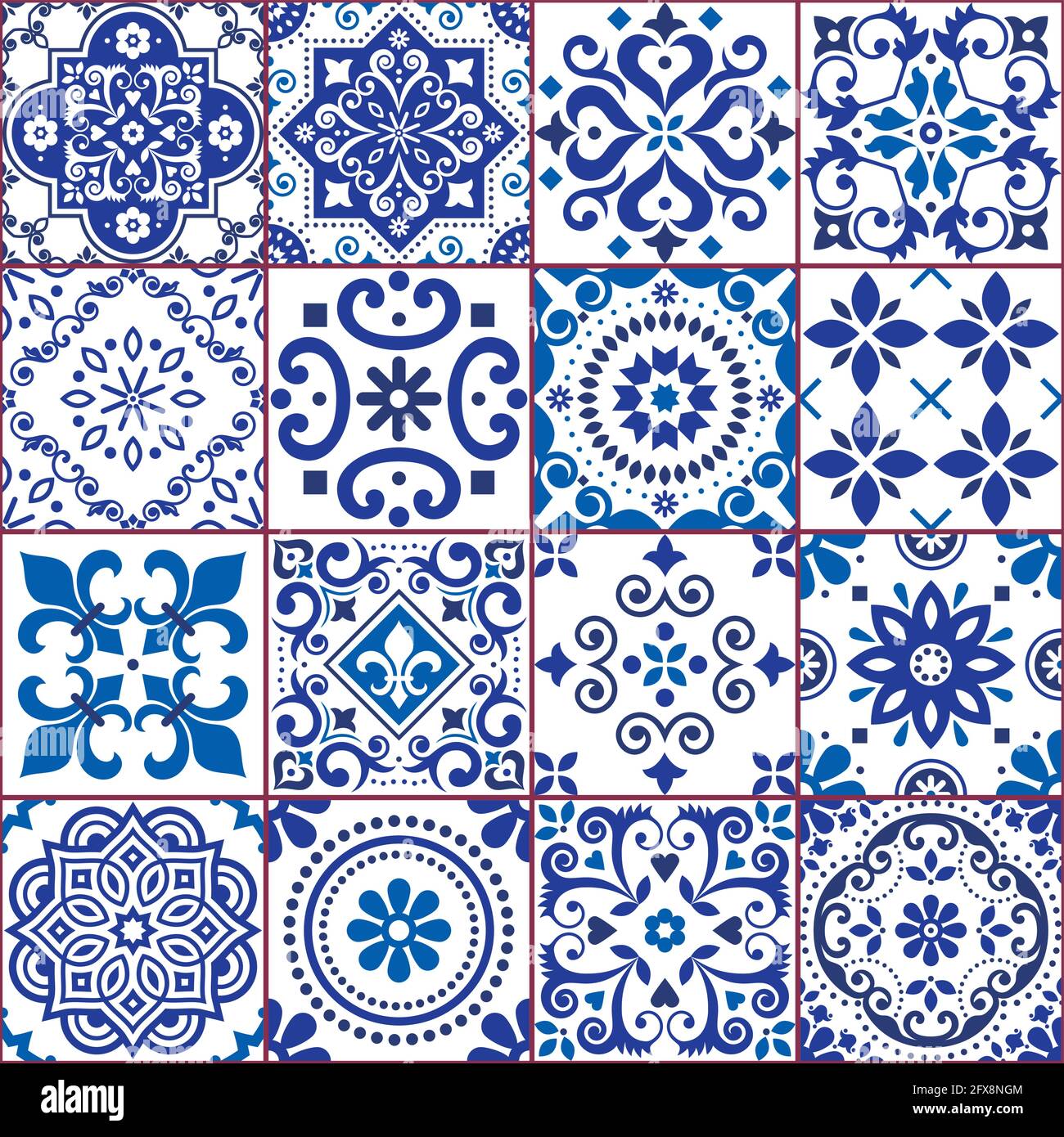 Portuguese and Spanish azulejo tiles seamless vector pattern collection in navy blue and white, traditional floral design big set inspired by tile art Stock Vector