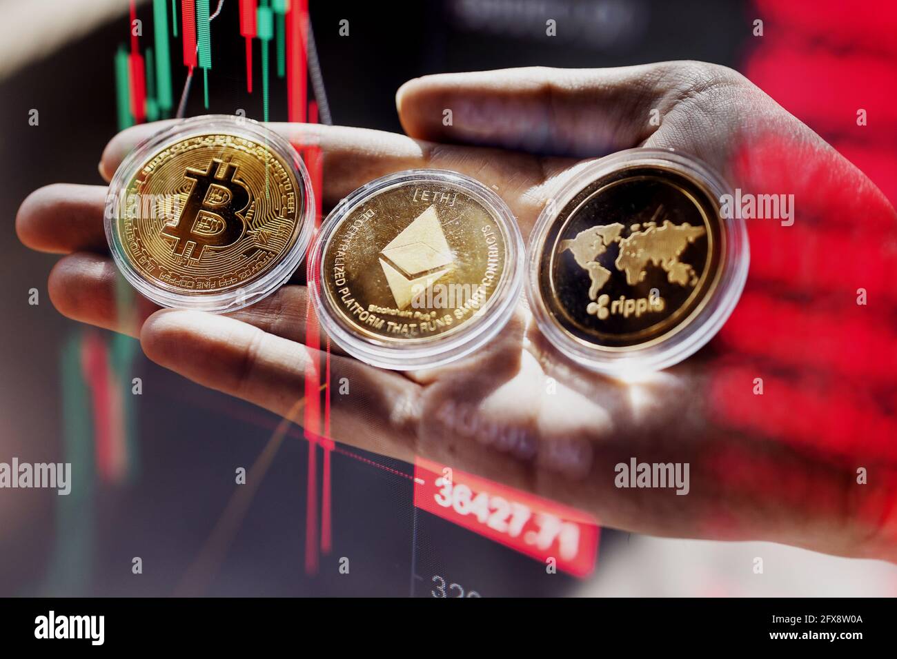 Close up of Bitcoin and Cryptocurrency stock market exchange candlestick  chart. Red bearish divergence indicator Stock Photo - Alamy