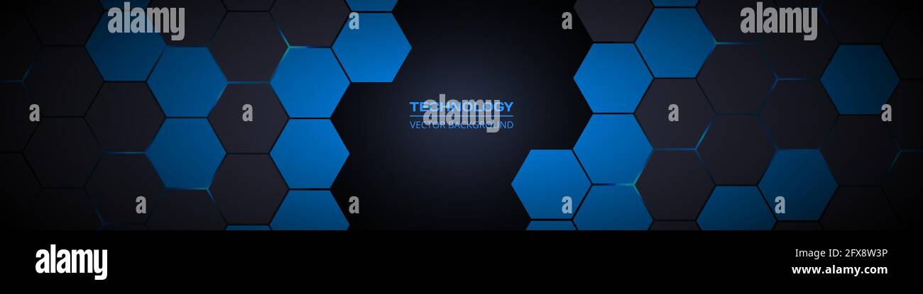 Dark gray and blue hexagonal technology abstract horizontal vector ...