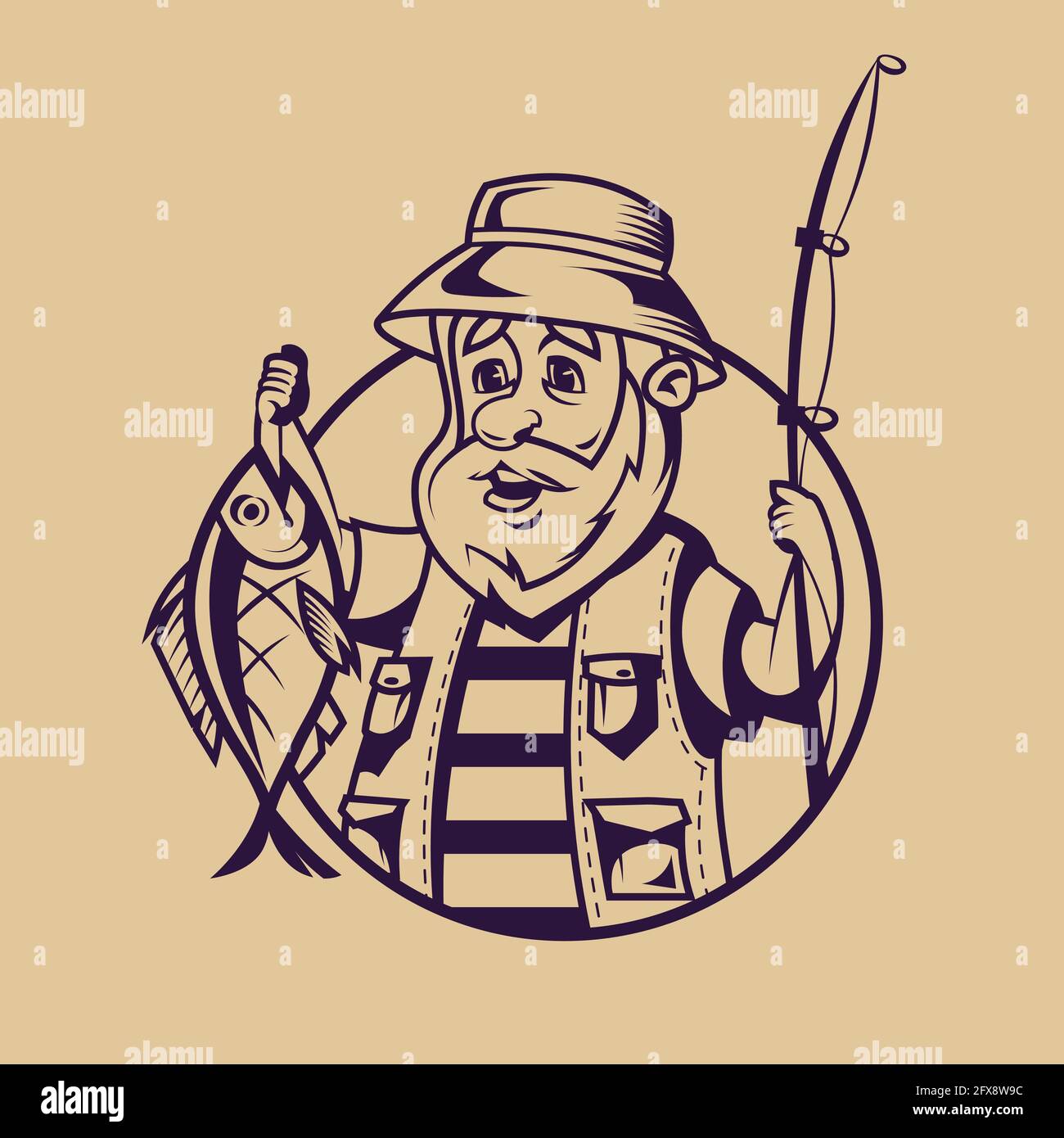 Fisherman with catch. Fishing concept art in monochrome style. Stock Vector