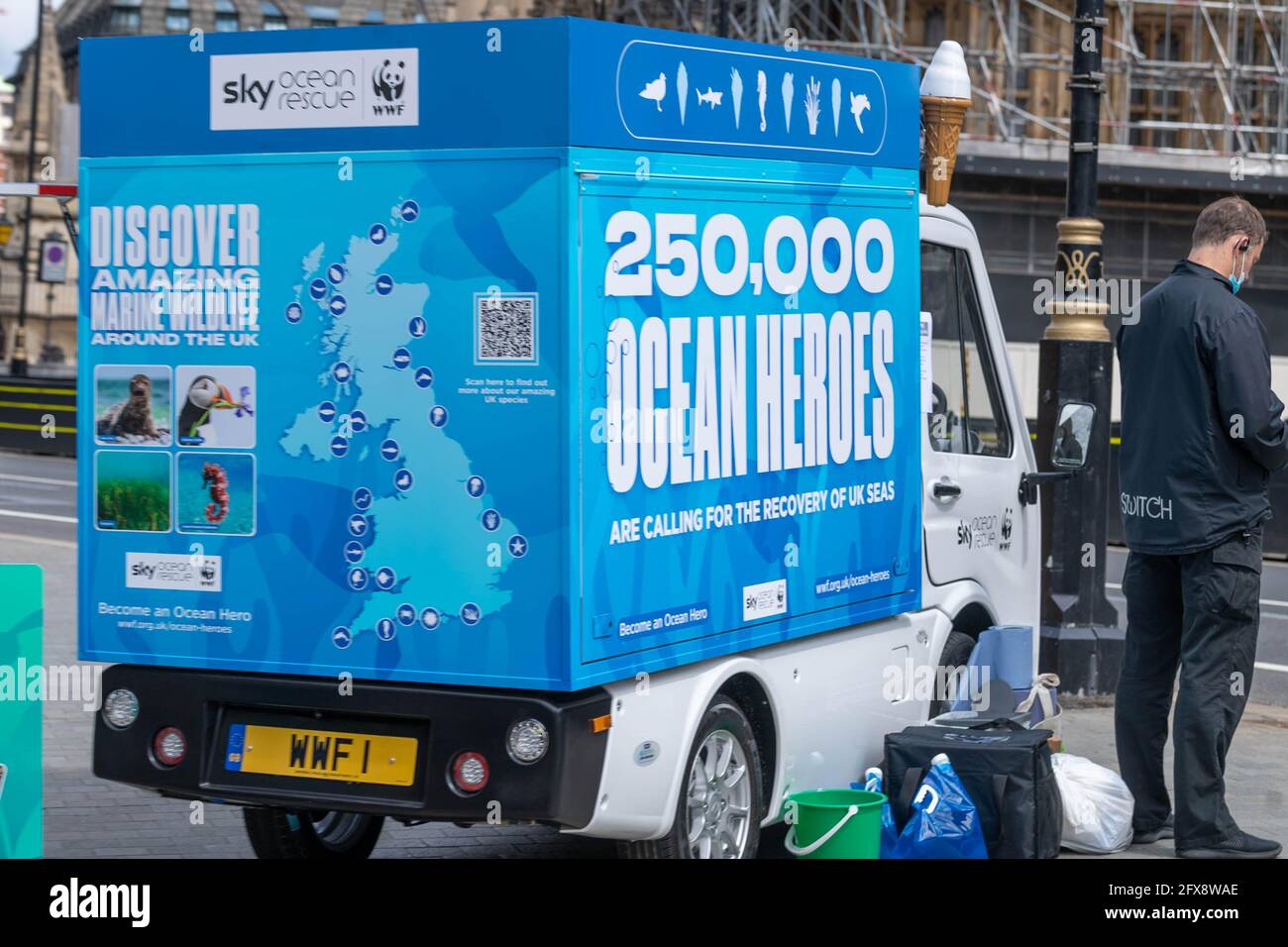 London, UK. 26th May, 2021. A World Wildlife fund and Sky and Sky Zero Ocean Hero event outside the Houses of Parliament to restore and recover our oceans Credit: Ian Davidson/Alamy Live News Stock Photo